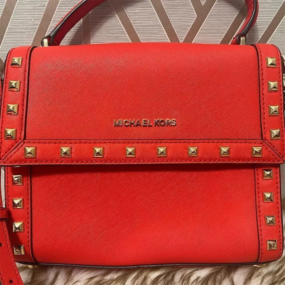 Michael Kors Dillon Red Leather Crossbody Messenger Bag Studded Medium W… - Picture 2 of 6